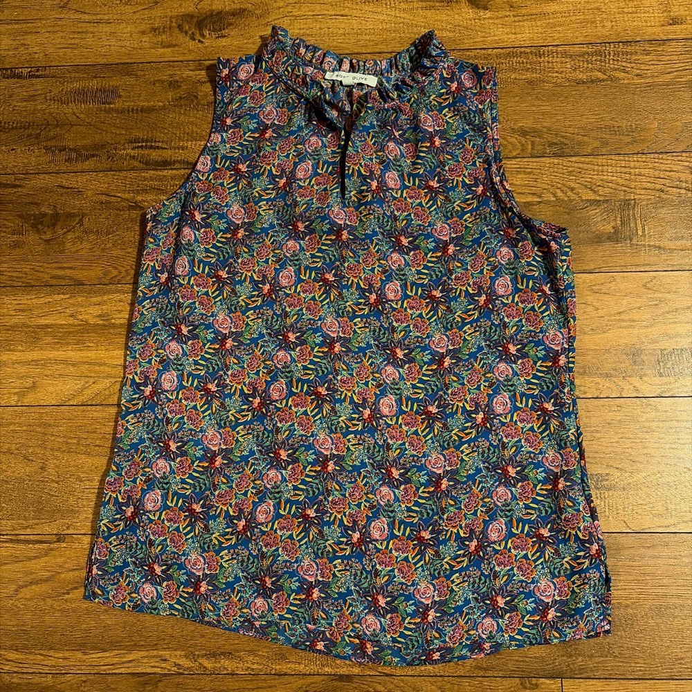 Rose + Olive Blue Floral Ruffle Neck Sleeveless Blouse Medium RN 132897